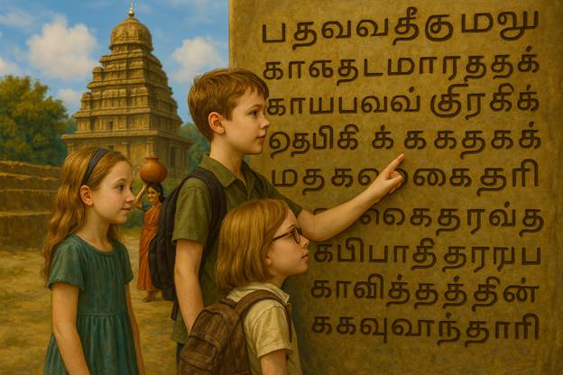 A group of children looking at a stone with text

AI-generated content may be incorrect.