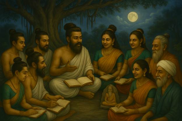 A painting of a group of people sitting around a tree

AI-generated content may be incorrect.