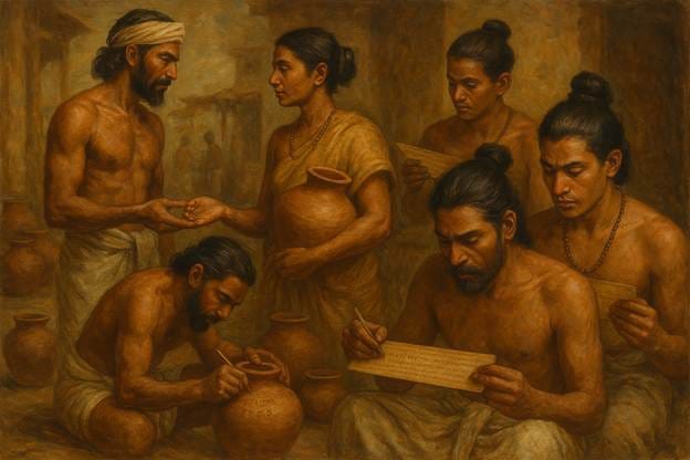 A painting of people working on pottery

AI-generated content may be incorrect.